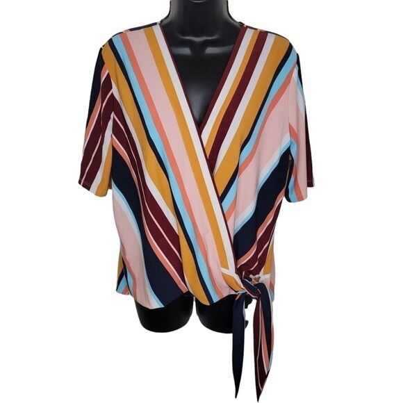 Halogen striped tie front faux wrap shirt top 1/1x - Picture 1 of 7